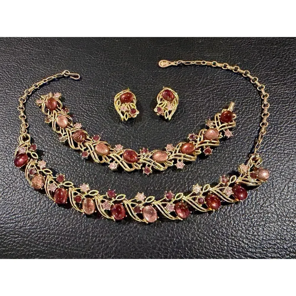 Vintage Coro Necklace, Bracelet & Earrings Set, Saphirine Cabochons, Adolph Kat